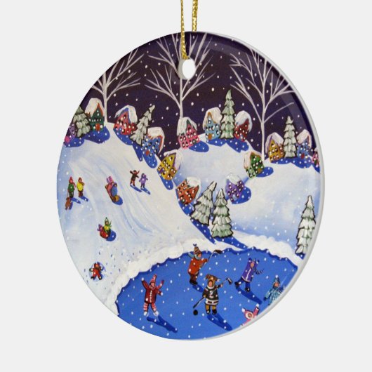 Whimsical Winter Ice Skater Schlittenfahrer Zierbe Keramik Ornament (Links)