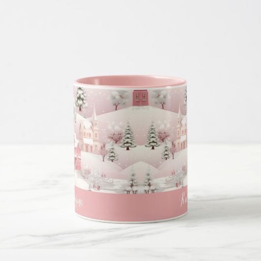 Whimsical Winter Pink Village Weihnachten Tasse (Zentrum)