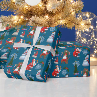 Whimsical Winter Tree with Santa and Snowman Geschenkpapier