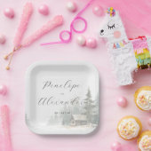 Whimsical Winter Watercolor Cabin Scene Pappteller (Party)