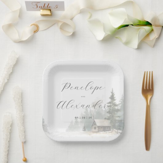 Whimsical Winter Watercolor Cabin Scene Pappteller (Hochzeit)