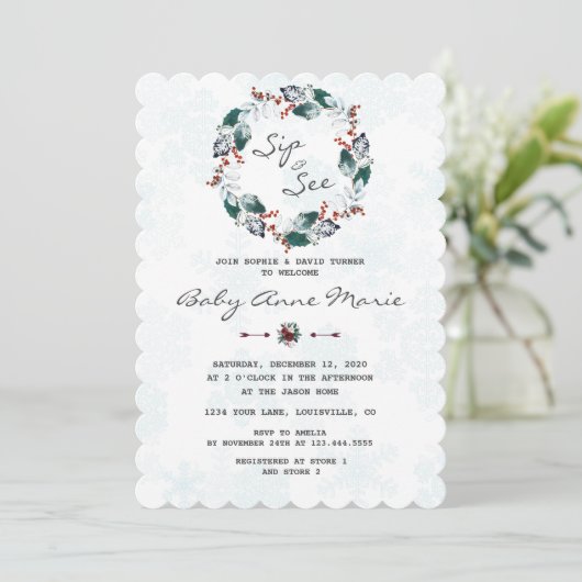 Whimsical Winter Wreath Sip & See Babydusche Einladung (Stehend Vorderseite)