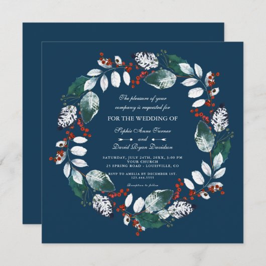 Whimsical Winter Wreath Wedding Einladung (Vorne/Hinten)