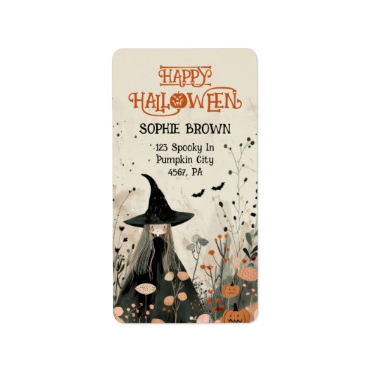 Whimsical Witch Fall Foliage Happy Halloween Adressaufkleber (Vorne)