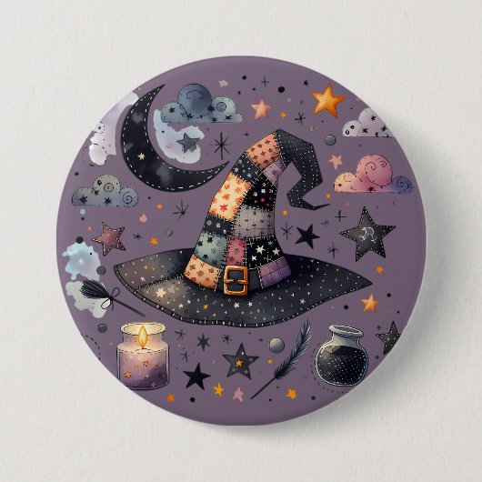 Whimsical Witch Hat und Himmelsmagie Button (Vorderseite)