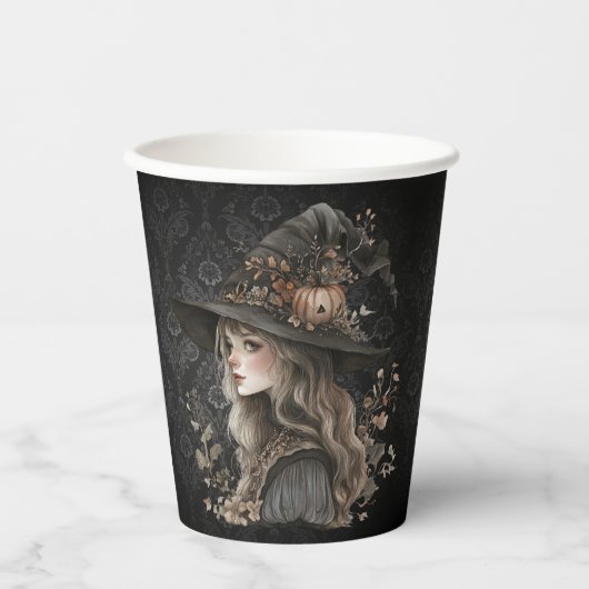 Whimsical Witch on Black Damask Pappbecher (Vorderseite)
