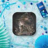 Whimsical Witch on Black Damask Pappteller (Party)