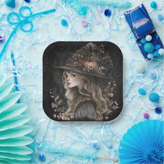 Whimsical Witch on Black Damask Pappteller (Party)