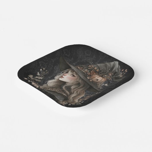 Whimsical Witch on Black Damask Pappteller (Gewinkelt)