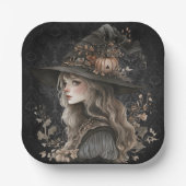 Whimsical Witch on Black Damask Pappteller (Vorderseite)