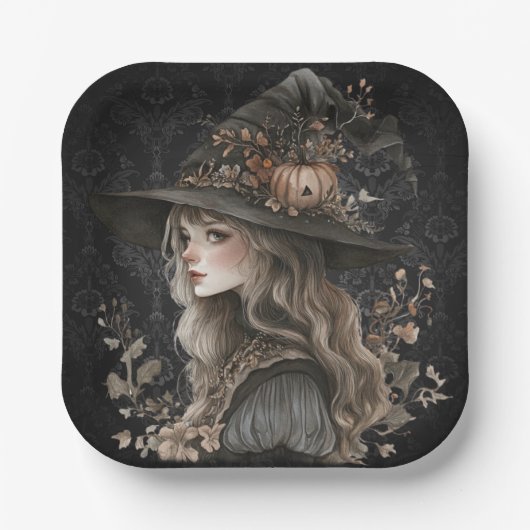 Whimsical Witch on Black Damask Pappteller (Vorderseite)
