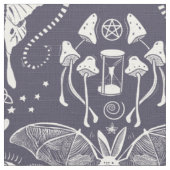 Whimsical Witchy Wicca Bat Moth Moon Pilz Blau Stoff (Nahaufnahme)