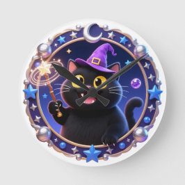 Whimsical Wizard Cat Magical Portrait Art Print Runde Wanduhr