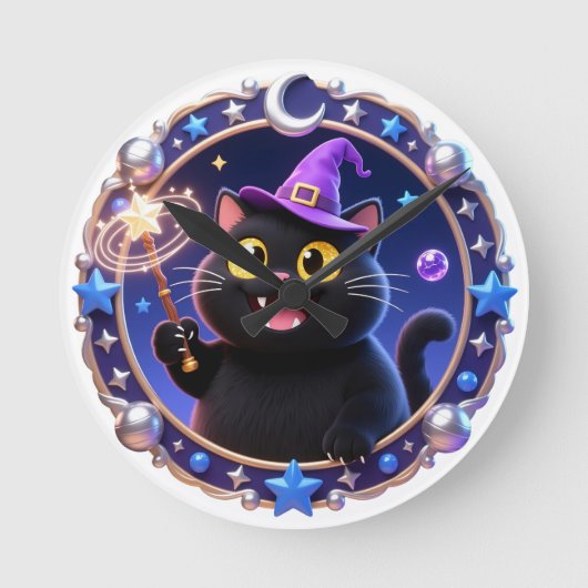 Whimsical Wizard Cat Magical Portrait Art Print Runde Wanduhr (Vorderseite)