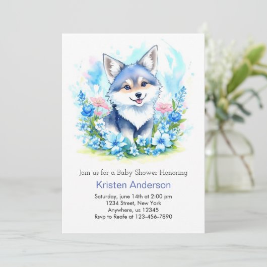 Whimsical Wolf Niedlich Watercolor Boy Babydusche Einladung (Stehend Vorderseite)