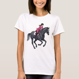 Whimsical Woman Riding a Sleek Black Horse T-Shirt