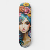 Whimsical Woman's Face Floral Skateboard (Vorderseite)