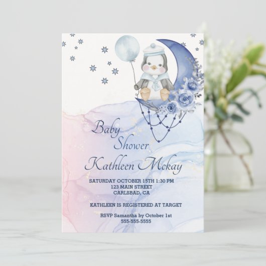 Whimsical Wonderland Blue Penguin Baby Duschjunge Einladung (Stehend Vorderseite)