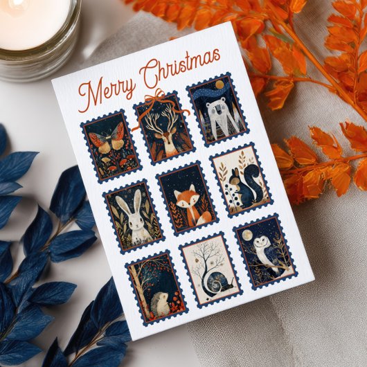 Whimsical Woodland Animal Stamps Merry Christmas Postkarte