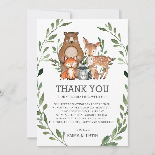 Whimsical Woodland Animals Greenery Baby Dusche Dankeskarte (Vorderseite)