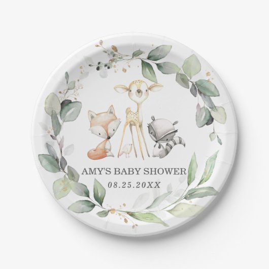 Whimsical Woodland Animals Greenery Baby Dusche Pappteller (Vorderseite)