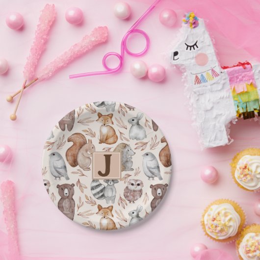Whimsical Woodland Animals Monogram Party Pappteller (Party)