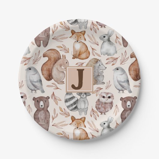 Whimsical Woodland Animals Monogram Party Pappteller (Vorderseite)