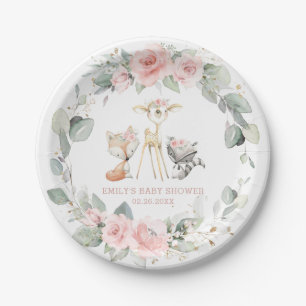 Whimsical Woodland Animals Pink Floral Baby Dusche Pappteller