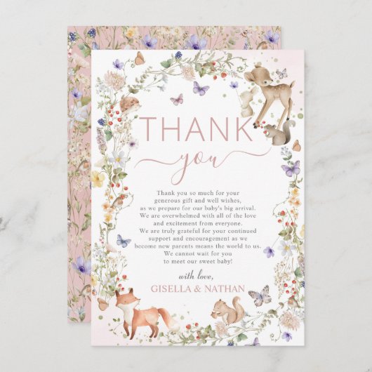 Whimsical Woodland Animals Wildflower Baby Shower Dankeskarte (Vorne/Hinten)