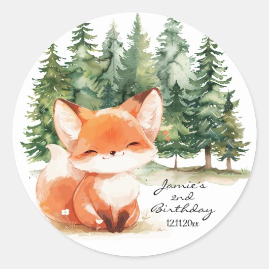 Whimsical Woodland Baby Fox 2. Runder Aufkleber (Vorderseite)