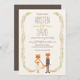 Whimsical Woodland Cat & Fox Couple Wedding Einladung