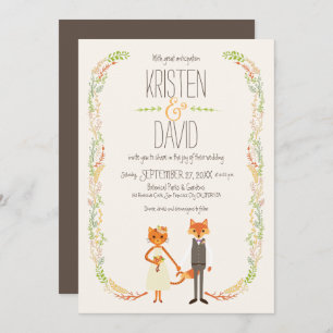 Whimsical Woodland Cat & Fox Couple Wedding Einladung