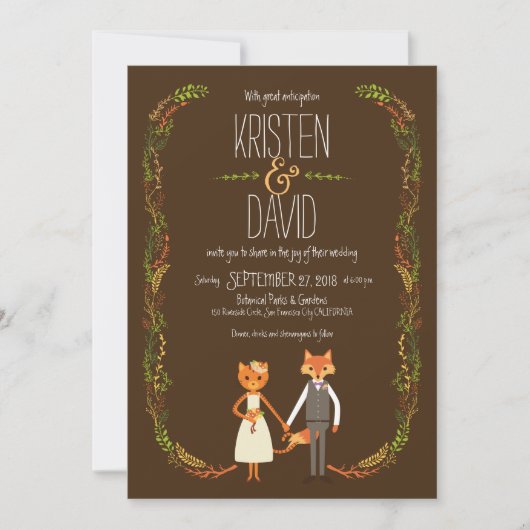 Whimsical Woodland Cat & Fox Couple Wedding Einladung (Vorderseite)