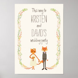Whimsical Woodland Cat & Fox Couple Wedding Sign Poster