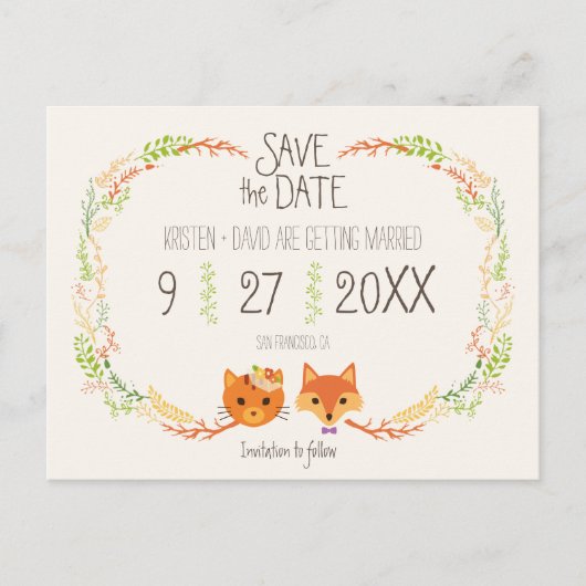 Whimsical Woodland Cat & Fox Hochzeit Speichern Si Ankündigungspostkarte (Vorderseite)