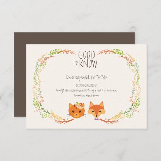 Whimsical Woodland Cat & Fox Wedding Begleitkarte (Vorne/Hinten)