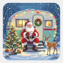 Whimsical Woodland Christmas and Retro RV Camper Quadratischer Aufkleber