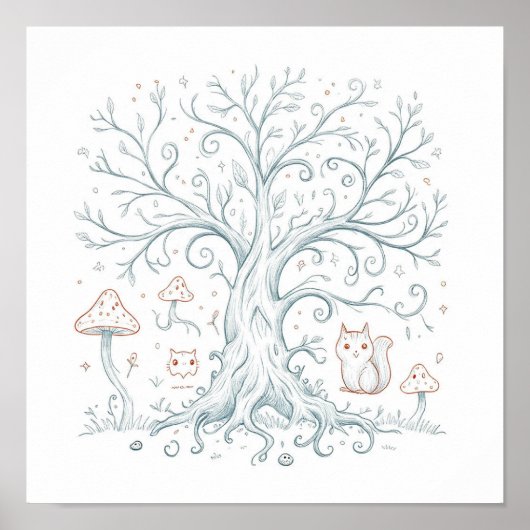 Whimsical Woodland Decor: Happy Critter Tree Poster (Vorne)