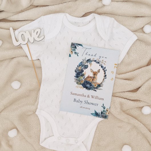 Whimsical Woodland Deer Blue Floral Blätter Dankeskarte