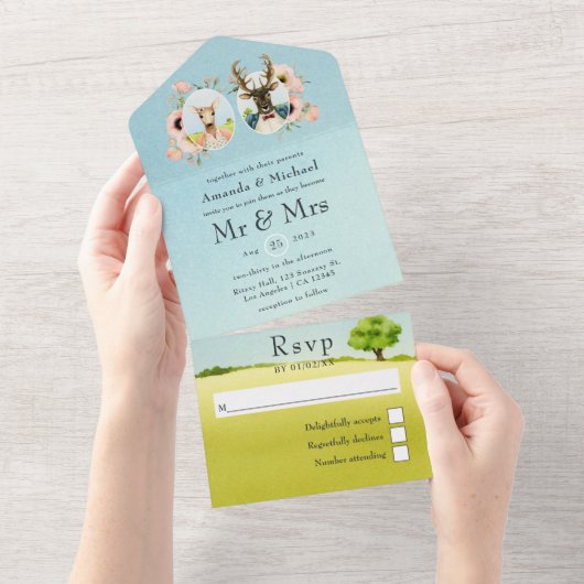 Whimsical Woodland Forest Deer Wedding All In One Einladung (Abreißen)