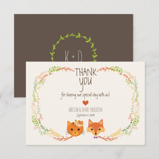 Whimsical Woodland Fox & Cat Wedding Dankeskarte (Vorne/Hinten)