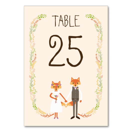 Whimsical Woodland Foxes Elfenbein Hochzeitstich T Tischnummer (Vorderseite)