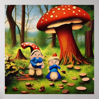 Whimsical Woodland Gnome Mushroom Couple Poster