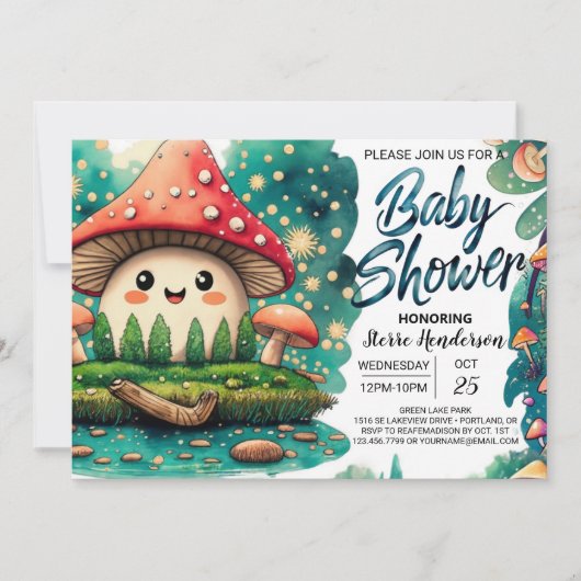 Whimsical Woodland Mushroom Magic Baby Dusche Einladung (Vorderseite)