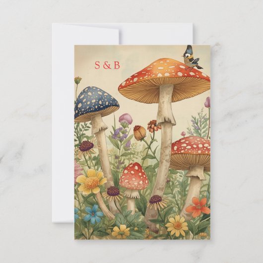 Whimsical Woodland Mushrooms & Wildflowers Wedding Einladung (Rückseite)