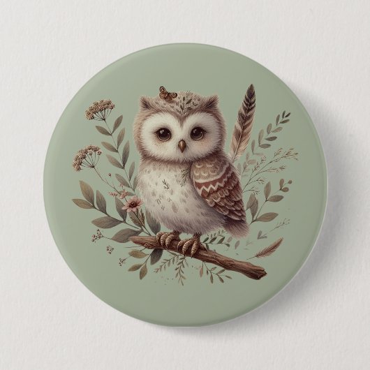 Whimsical Woodland Owl Botanical Illustration Button (Vorderseite)