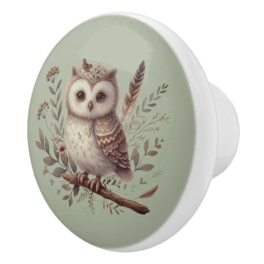 Whimsical Woodland Owl Botanical Illustration Keramikknauf (Rechts)