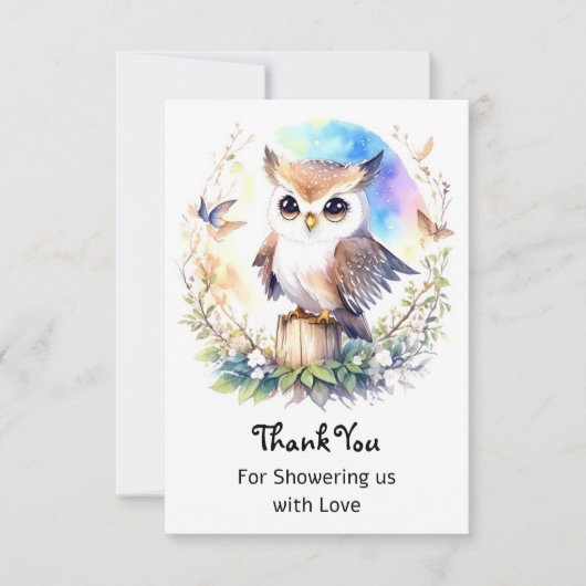 Whimsical Woodland Owl Girl Dusche Dankeskarte (Vorderseite)