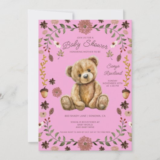 Whimsical Woodland Teddy Bear Pink Baby Shower Einladung (Vorderseite)