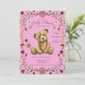 Whimsical Woodland Teddy Bear Pink Baby Shower Einladung (Stehend Vorderseite)